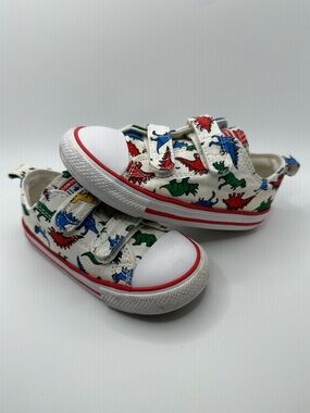 Converse 8c Kids White Dinosaur Print Canvas Sneakers with Red Trim
